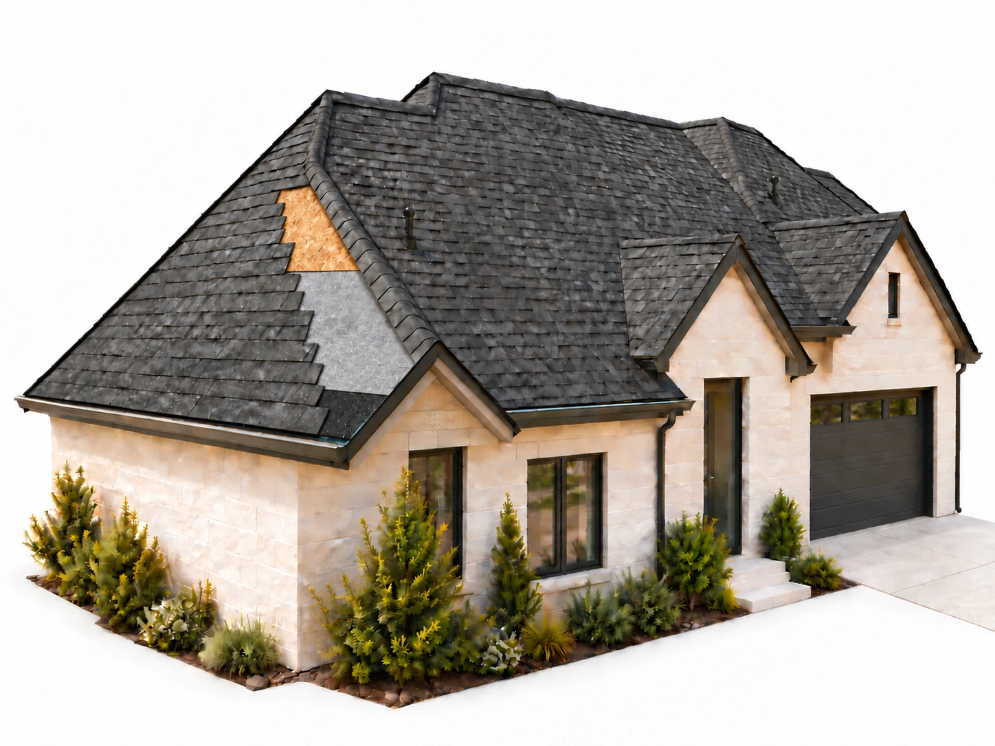 Peaked roofing system with the deck, underlayment and starter exposed