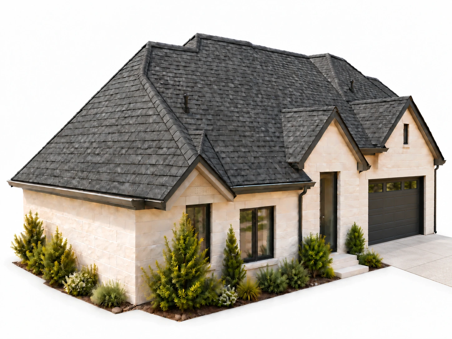 Peaked Roofing System illustrated on a stone home with a garage