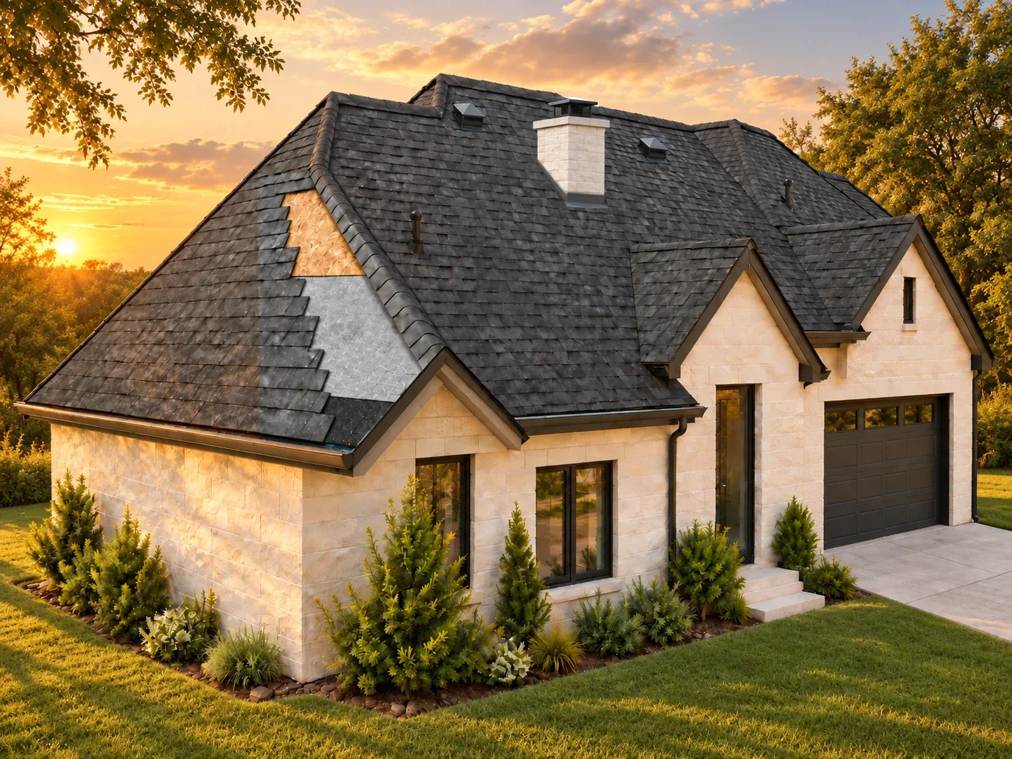 Peaked Roofing System illustrated on a stone home with a garage