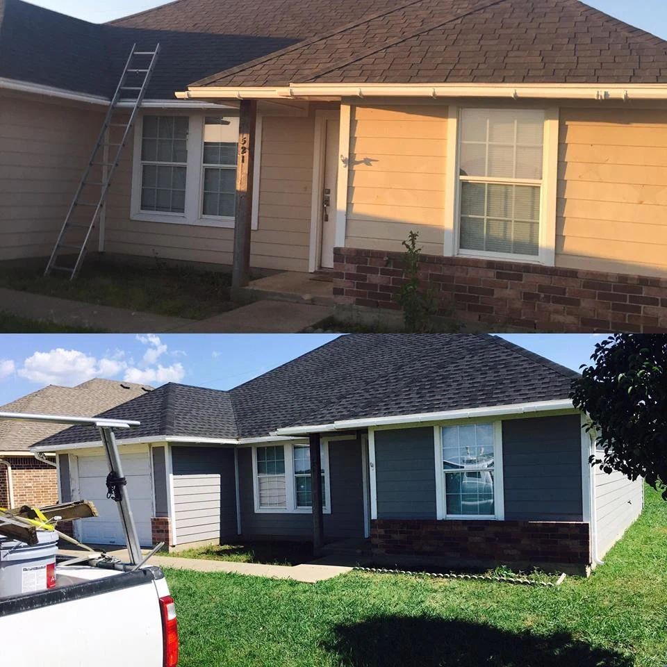 Two views of the same home showing its exterior transformation.