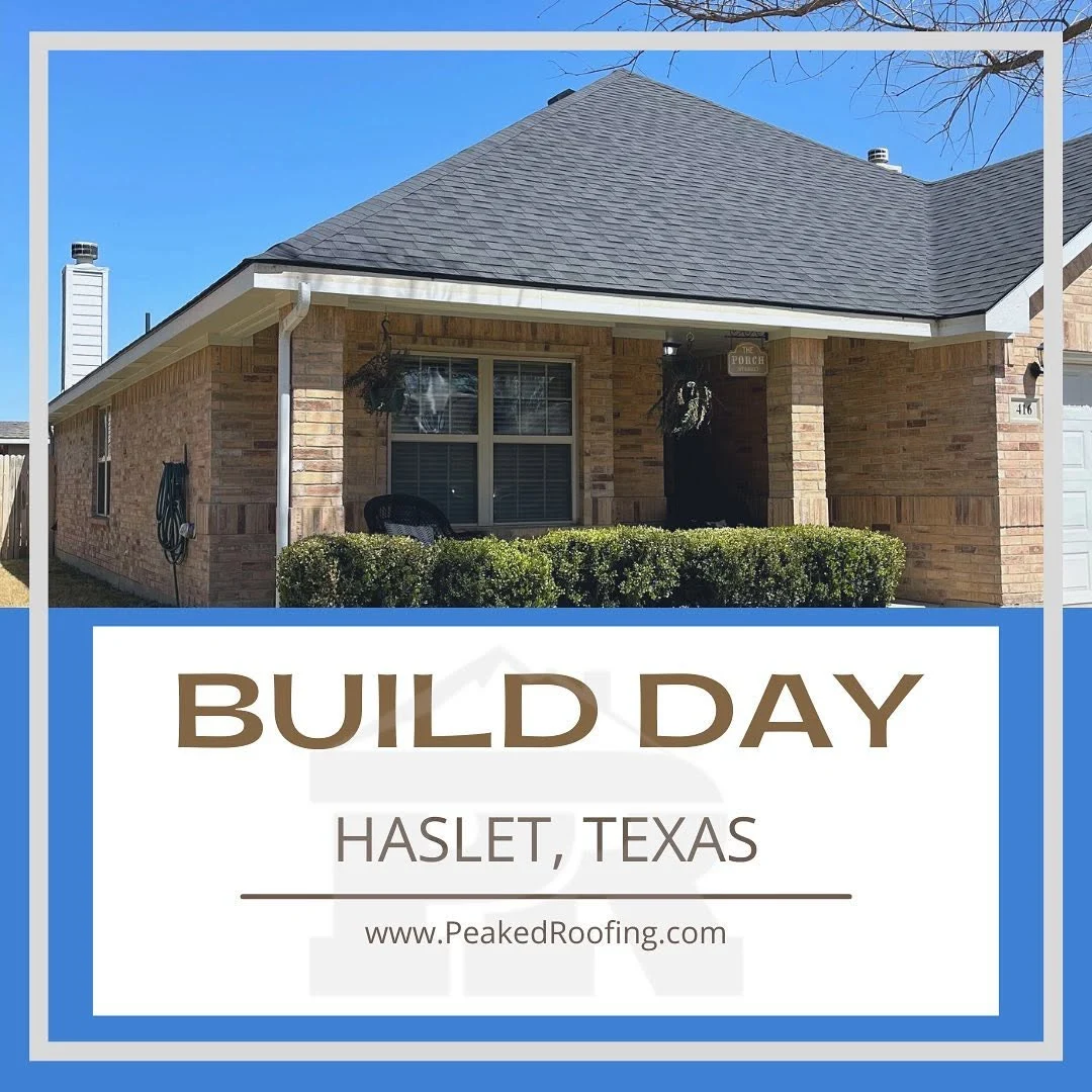 A completed asphalt-shingle roof in Peaked Roofing’s Haslet build-day post.